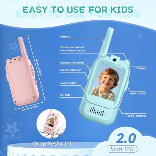 Kids Video Walkie Talkies, 2 Pack Long Range Walkie-Talkie for Kids, Rechargeable Video Call Toys for Indoor, Camping, Hiking, Travel, Christmas Birthday Gift for Boys Girls Age 3-5 (Blue/Pink)