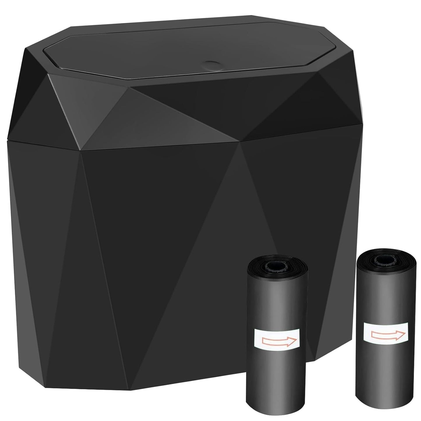 Mini Car Trash Can Bin with Lid, Small Car Garbage Can with 60pcs Trash Bags, ABS Diamond Design Dustbin Car Organizer Container Car Accessories for Car/Office/Home Black