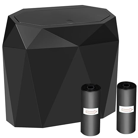 Mini Car Trash Can Bin with Lid, Small Car Garbage Can with 60pcs Trash Bags, ABS Diamond Design Dustbin Car Organizer Container Car Accessories for Car/Office/Home Black