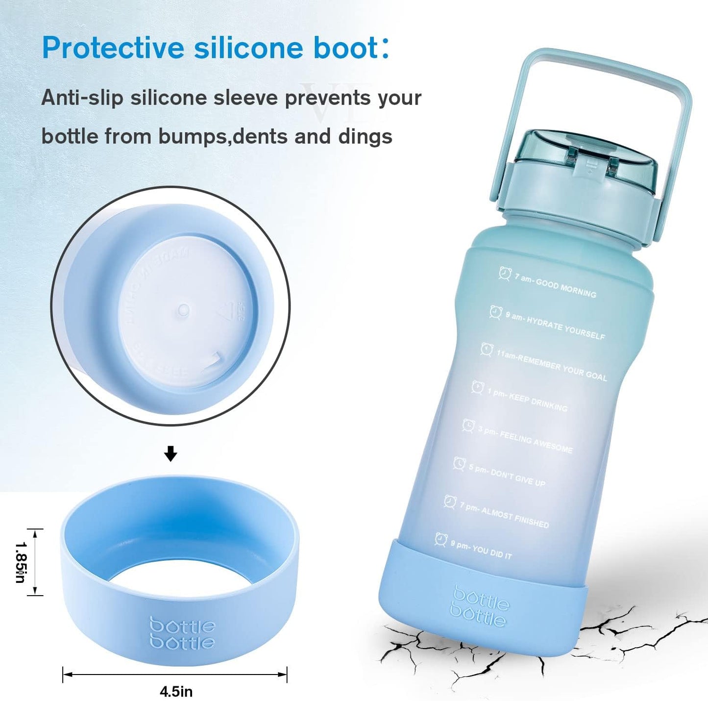 BOTTLE BOTTLE Half Gallon Water Bottle with Time Marker and Straw Workout Leak-proof Water Bottle for Adults and Kids 64oz Water Chug Jug with Protective Silicone Boot (green blue)