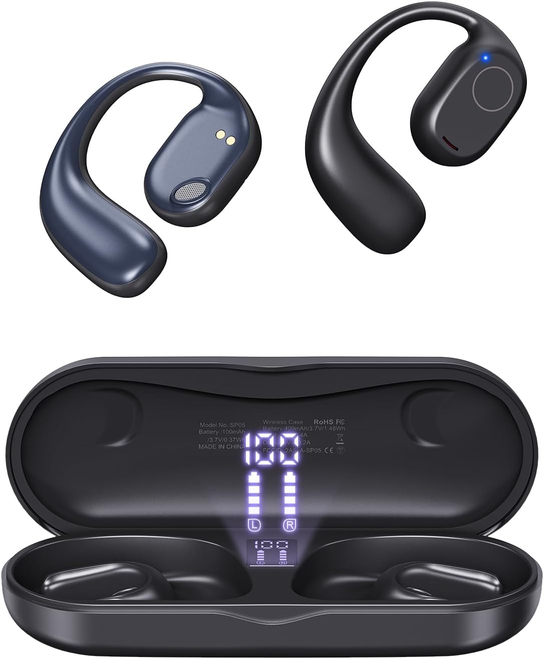 Open Ear Headphones, Wireless Earbuds 40H Playtime Air Conduction Headphones with Mic, Bluetooth 5.3 Over Ear Headphones IPX6 with Ear Hooks & LED Display Charging Case for Running (Black)