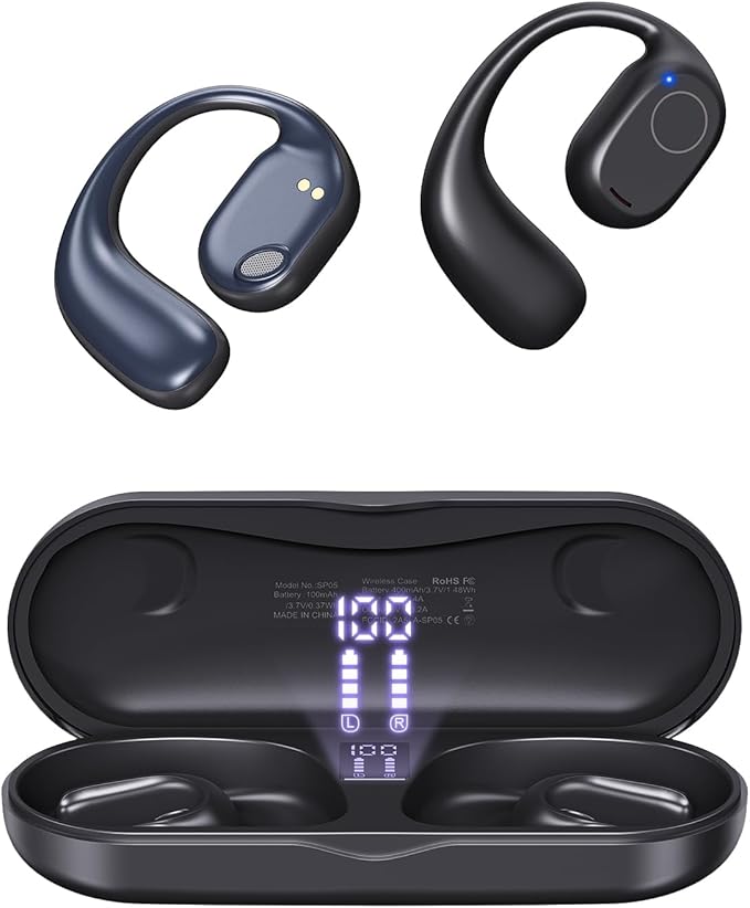 Open Ear Headphones, Wireless Earbuds 40H Playtime Air Conduction Headphones with Mic, Bluetooth 5.3 Over Ear Headphones IPX6 with Ear Hooks & LED Display Charging Case for Running (Black)