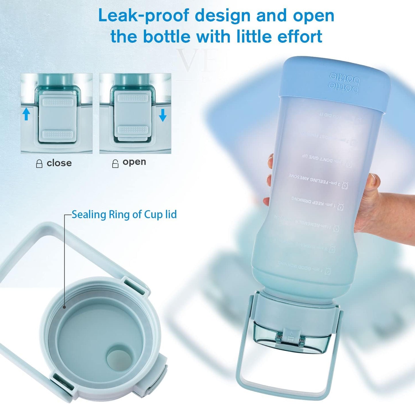 BOTTLE BOTTLE Half Gallon Water Bottle with Time Marker and Straw Workout Leak-proof Water Bottle for Adults and Kids 64oz Water Chug Jug with Protective Silicone Boot (green blue)