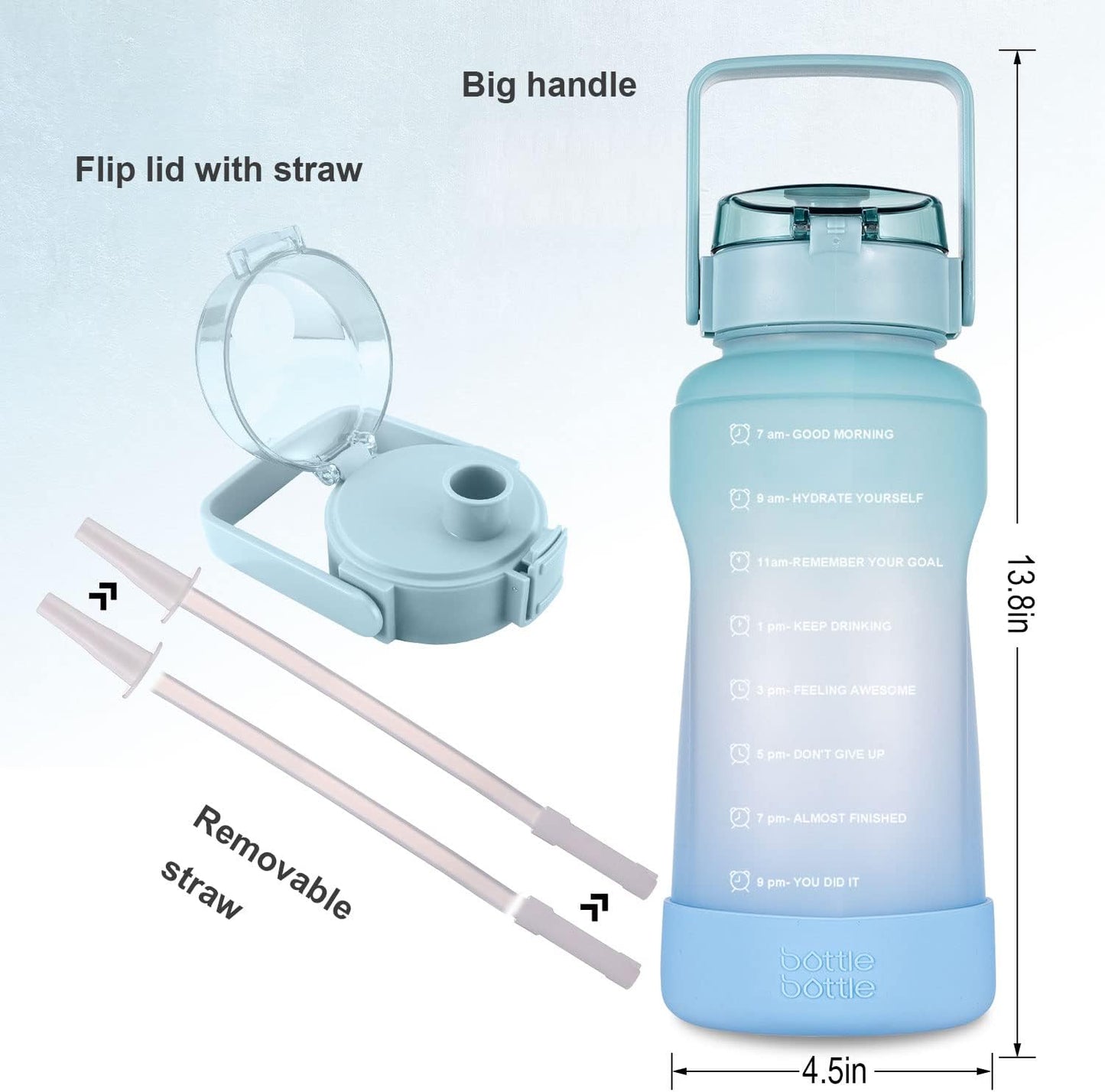 BOTTLE BOTTLE Half Gallon Water Bottle with Time Marker and Straw Workout Leak-proof Water Bottle for Adults and Kids 64oz Water Chug Jug with Protective Silicone Boot (green blue)