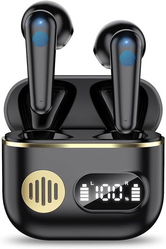 Wireless Earbuds 2024 Sport Bluetooth Headphones Stereo Earphones with ENC Mic Wireless Earphones In Ear Earbuds with Dual LED Display, 48H Playtime, Running Headphones IP7 Waterproof, Ceramic Black