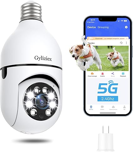 Light Bulb Security Camera Wireless Outdoor, 5G&2.4GHz 360° PTZ Camera for Home Security with 2K Color Night Vision, 2 Way Talk, AI Human Detection and Tracking, 1Pack