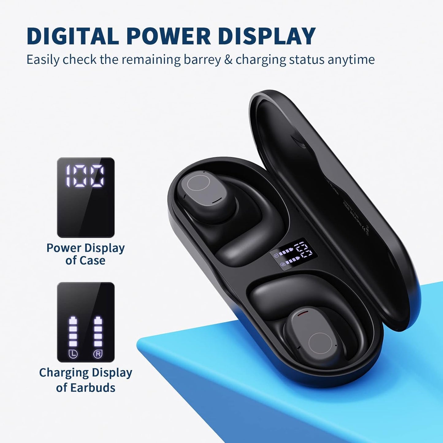 Open Ear Headphones, Wireless Earbuds 40H Playtime Air Conduction Headphones with Mic, Bluetooth 5.3 Over Ear Headphones IPX6 with Ear Hooks & LED Display Charging Case for Running (Black)