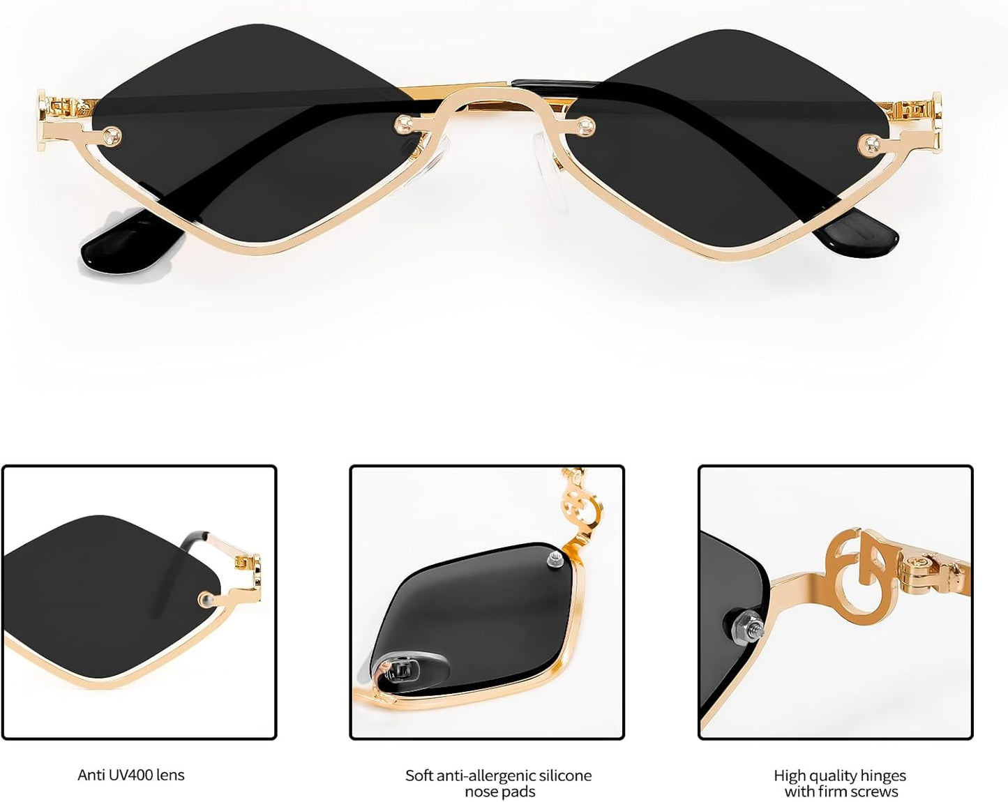 TYA Retro Y2k Sunglasses for Women Men,Trendy Semi-Rimless Sun Glasses Irregular Narrow Gold Sunnies UV400