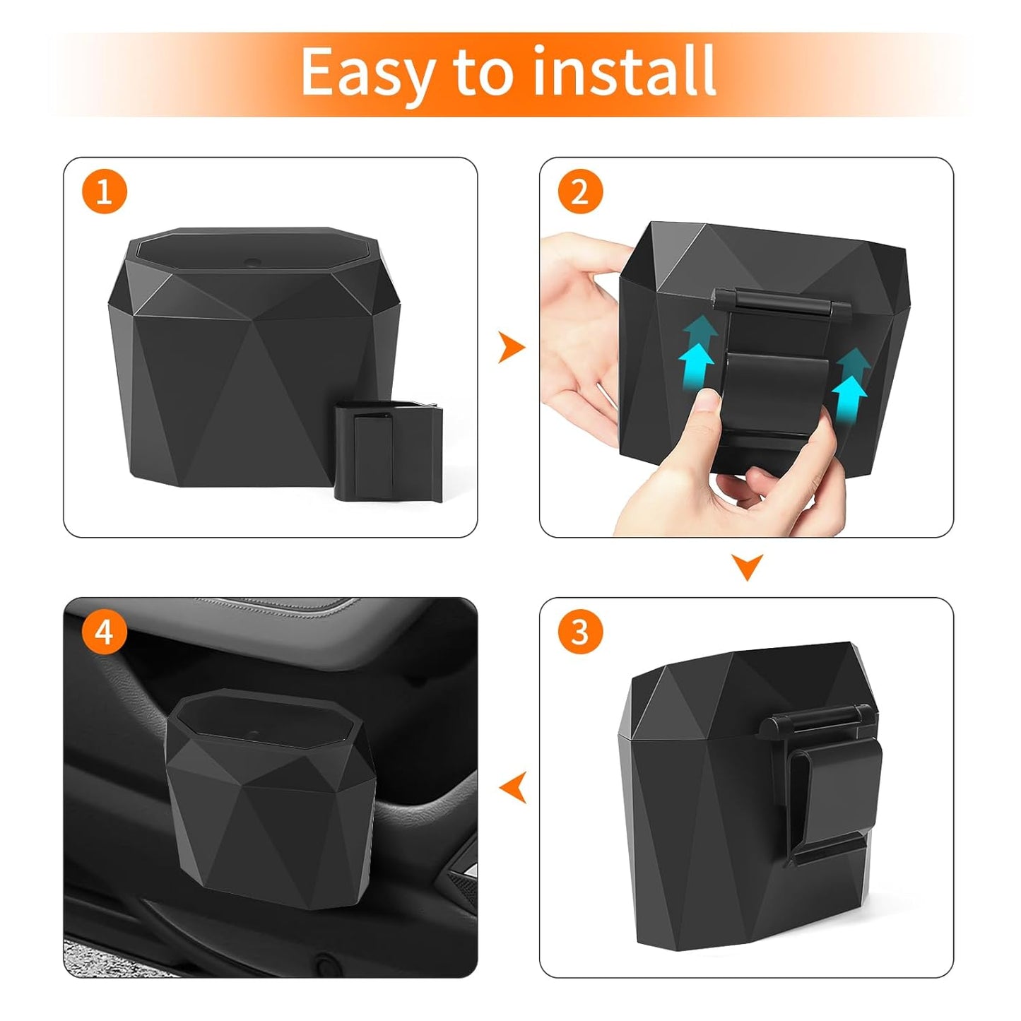 Mini Car Trash Can Bin with Lid, Small Car Garbage Can with 60pcs Trash Bags, ABS Diamond Design Dustbin Car Organizer Container Car Accessories for Car/Office/Home Black