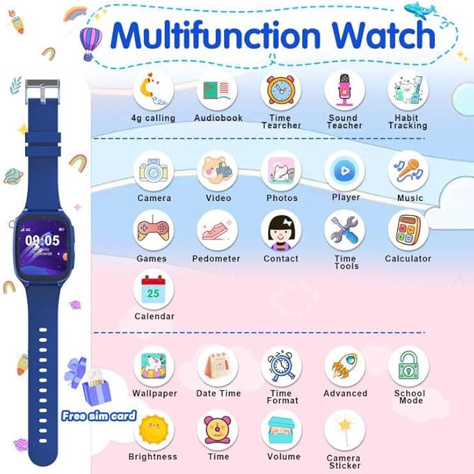 4G Kids Smart Watch Phone - Smart Cell Phone Watch for Boys Girls with Call SOS Games Alarm Camera Music Calculator School Mode Children Touch Screen Watches for Kids Birthday Ages 4-12 (Navy Blue)