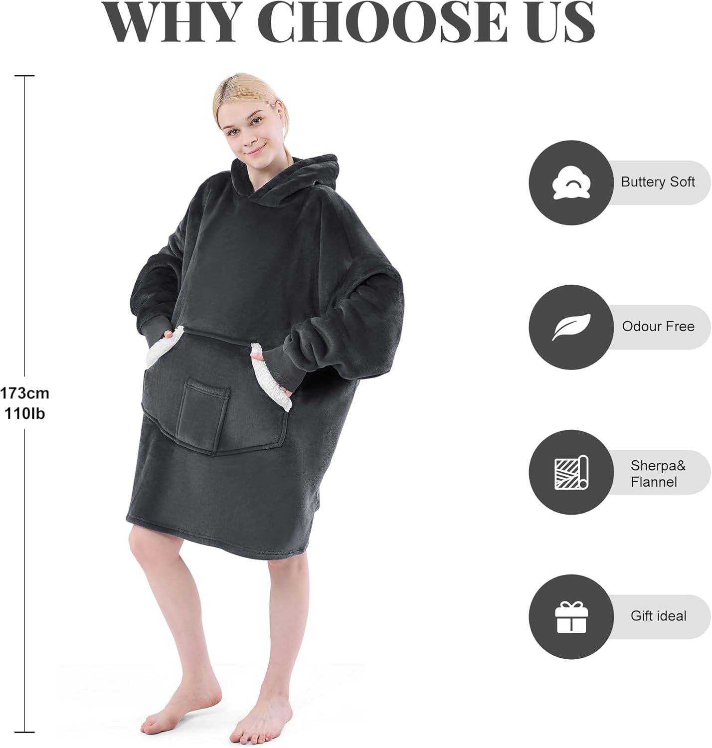Wearable Blanket Hoodie for Adult Women Men, Sherpa Flannel Fleece Sweatshirt Hooded Blanket, Oversized Blanket Hoodie with Pockets and Sleeves Winter Gifts (Standard, Dark Grey)