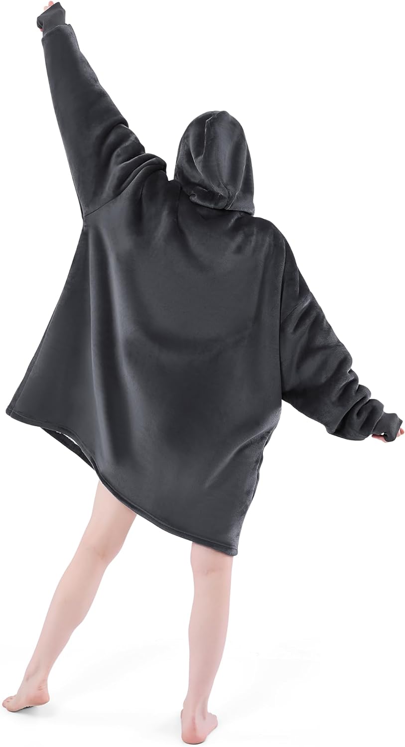 Wearable Blanket Hoodie for Adult Women Men, Sherpa Flannel Fleece Sweatshirt Hooded Blanket, Oversized Blanket Hoodie with Pockets and Sleeves Winter Gifts (Standard, Dark Grey)
