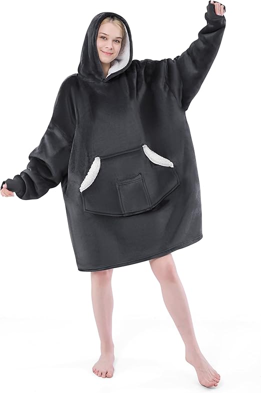 Wearable Blanket Hoodie for Adult Women Men, Sherpa Flannel Fleece Sweatshirt Hooded Blanket, Oversized Blanket Hoodie with Pockets and Sleeves Winter Gifts (Standard, Dark Grey)