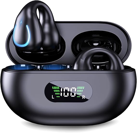 Open Ear Headphones Wireless Bluetooth 5.3 Clip On Earbuds with Digital Display Charging Case Button Control Bone Conduction Mini Sport Earphones Built-in Mic IPX7 Waterproof for Running Fitness Black