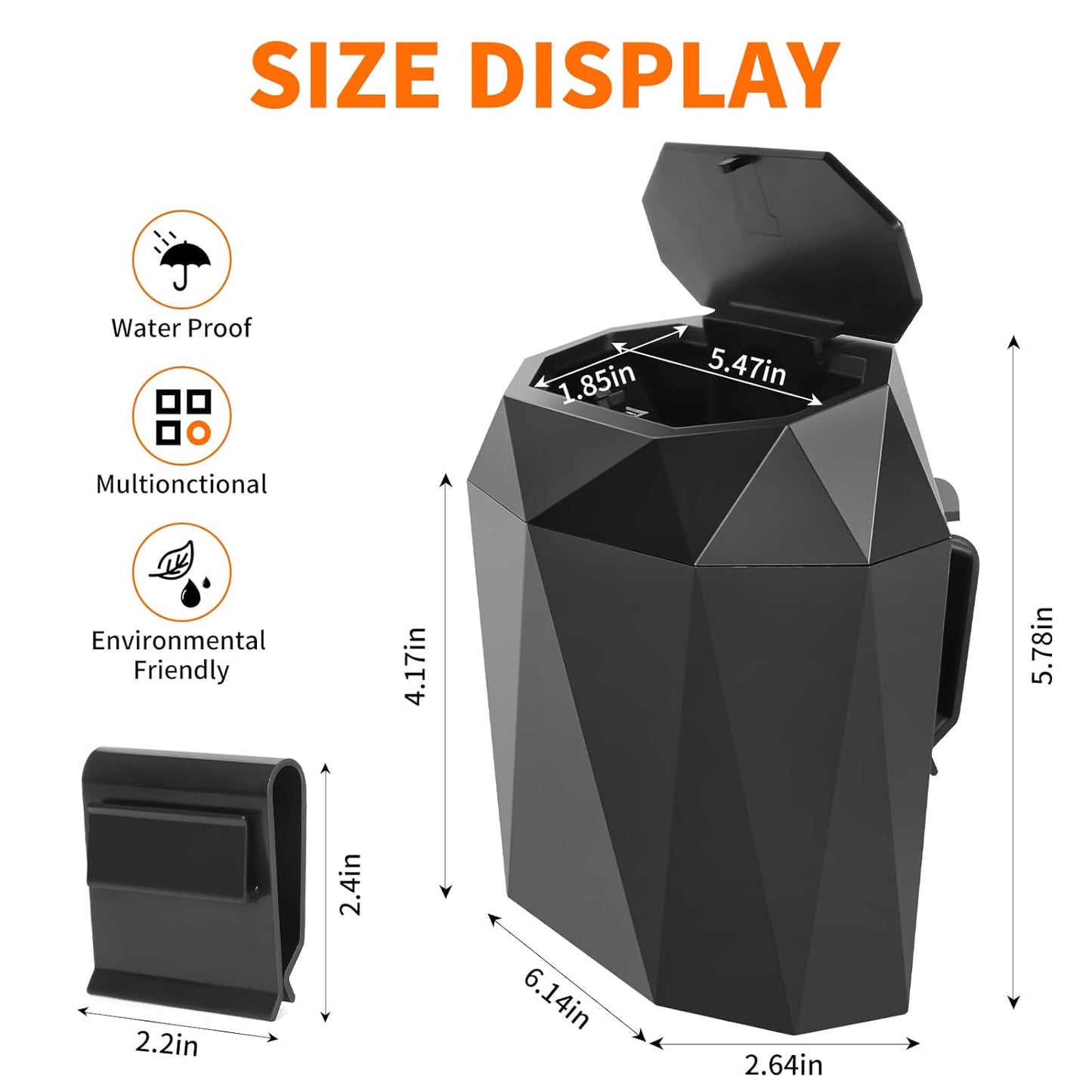 Mini Car Trash Can Bin with Lid, Small Car Garbage Can with 60pcs Trash Bags, ABS Diamond Design Dustbin Car Organizer Container Car Accessories for Car/Office/Home Black