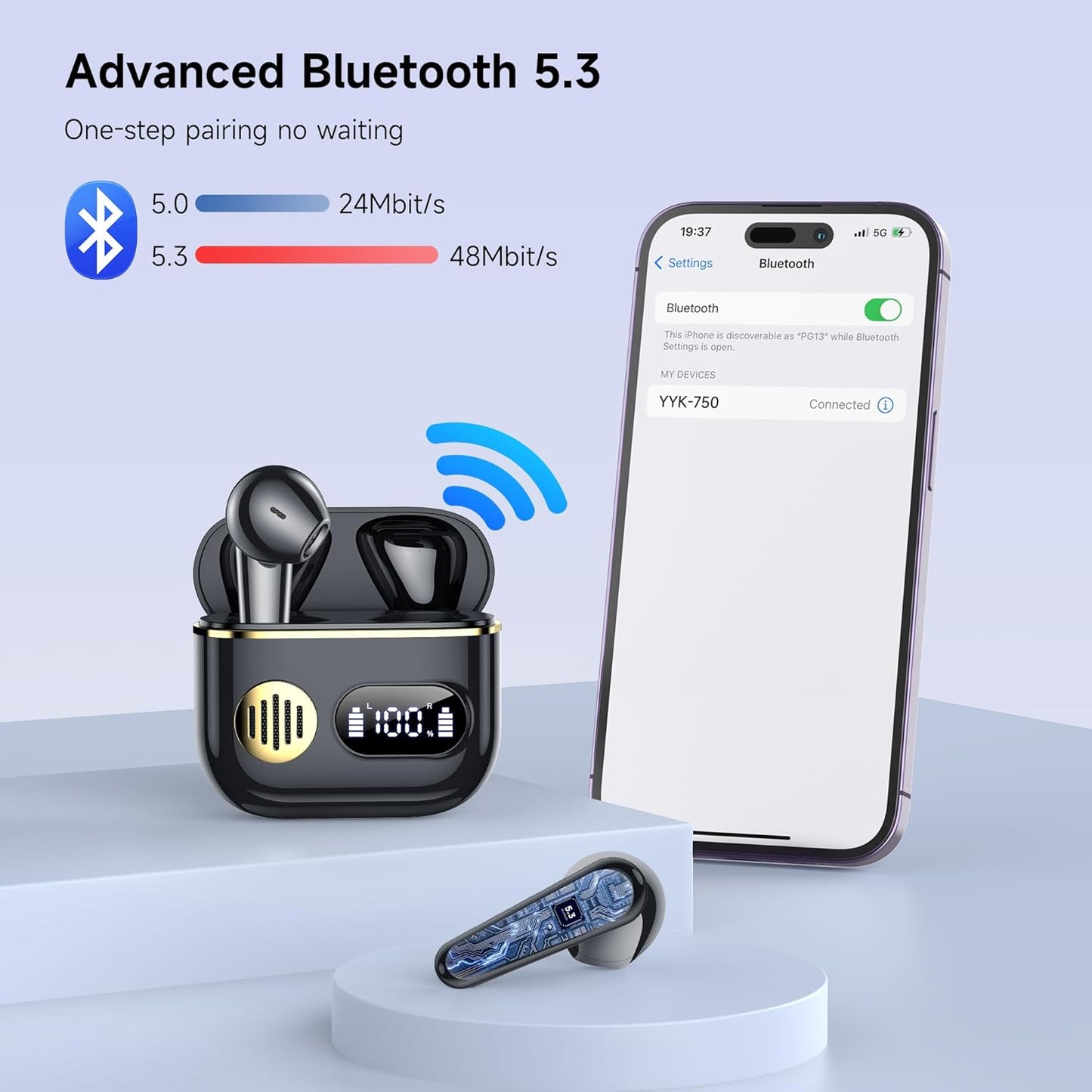 Wireless Earbuds 2024 Sport Bluetooth Headphones Stereo Earphones with ENC Mic Wireless Earphones In Ear Earbuds with Dual LED Display, 48H Playtime, Running Headphones IP7 Waterproof, Ceramic Black