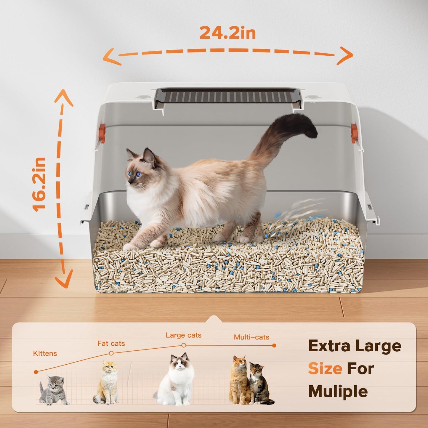 XL CEDBORR Stainless Steel Cat Litter Box with Lid,Large Enclosed High Side Metal Cat Litter Box with Pedals Suitable for Big Cats,Non-Sticky,Odor-Free,Easy to Clean ,Anti-Leakage(White)