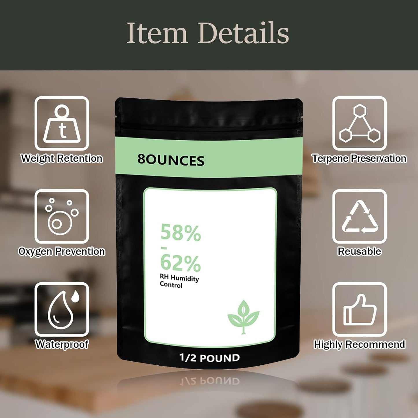 10 Pack Reusable Green Plastic Terp Bags, 8oz (1/2 LB), Double-Tracked Zip Closure, Heat Sealable, 58%-62% RH, Resealable Food Storage Bags (10 Pcs)