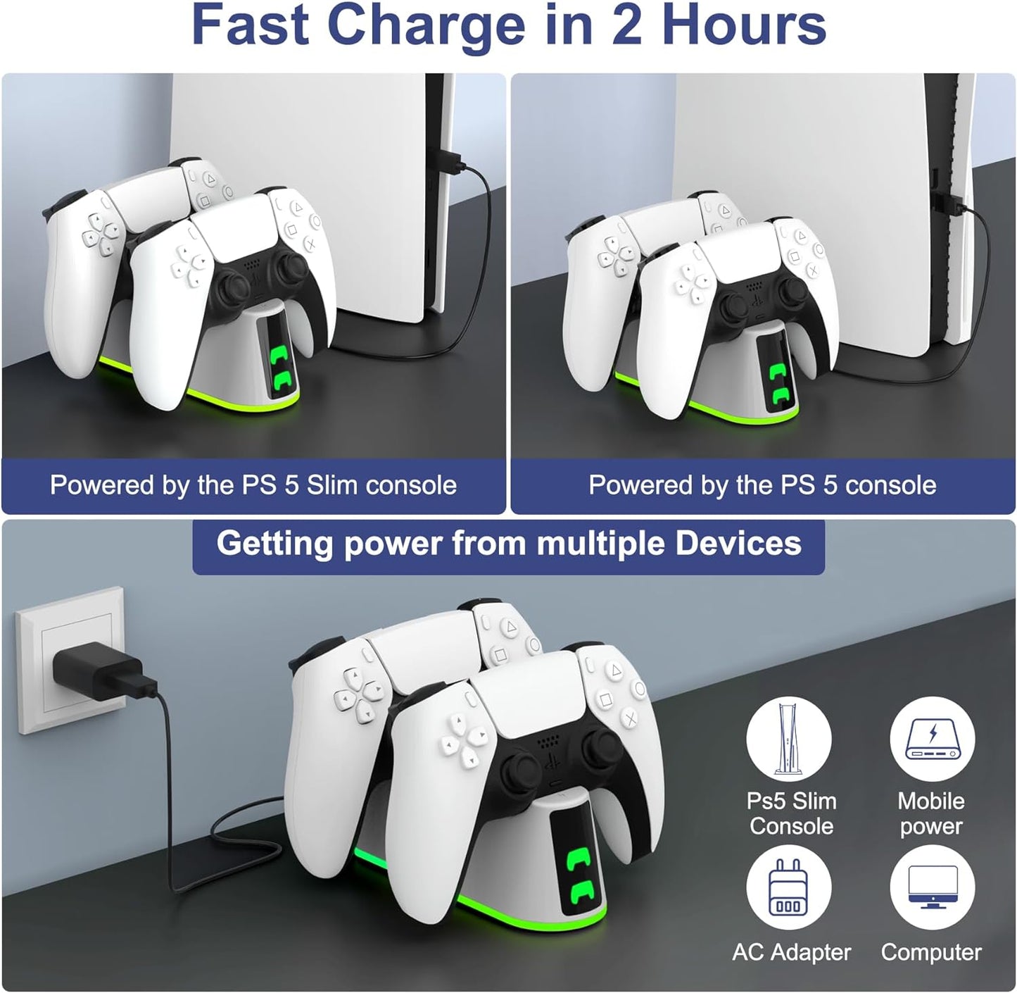 PS5 Slim Controller Charger Station,Fast Charging Ps5 Controller Charger for Edge & Dual Controller,Ps5 Controller Accessories with Charging Cable,Ps5 Controller Stand Dock with RGB LED Indicators