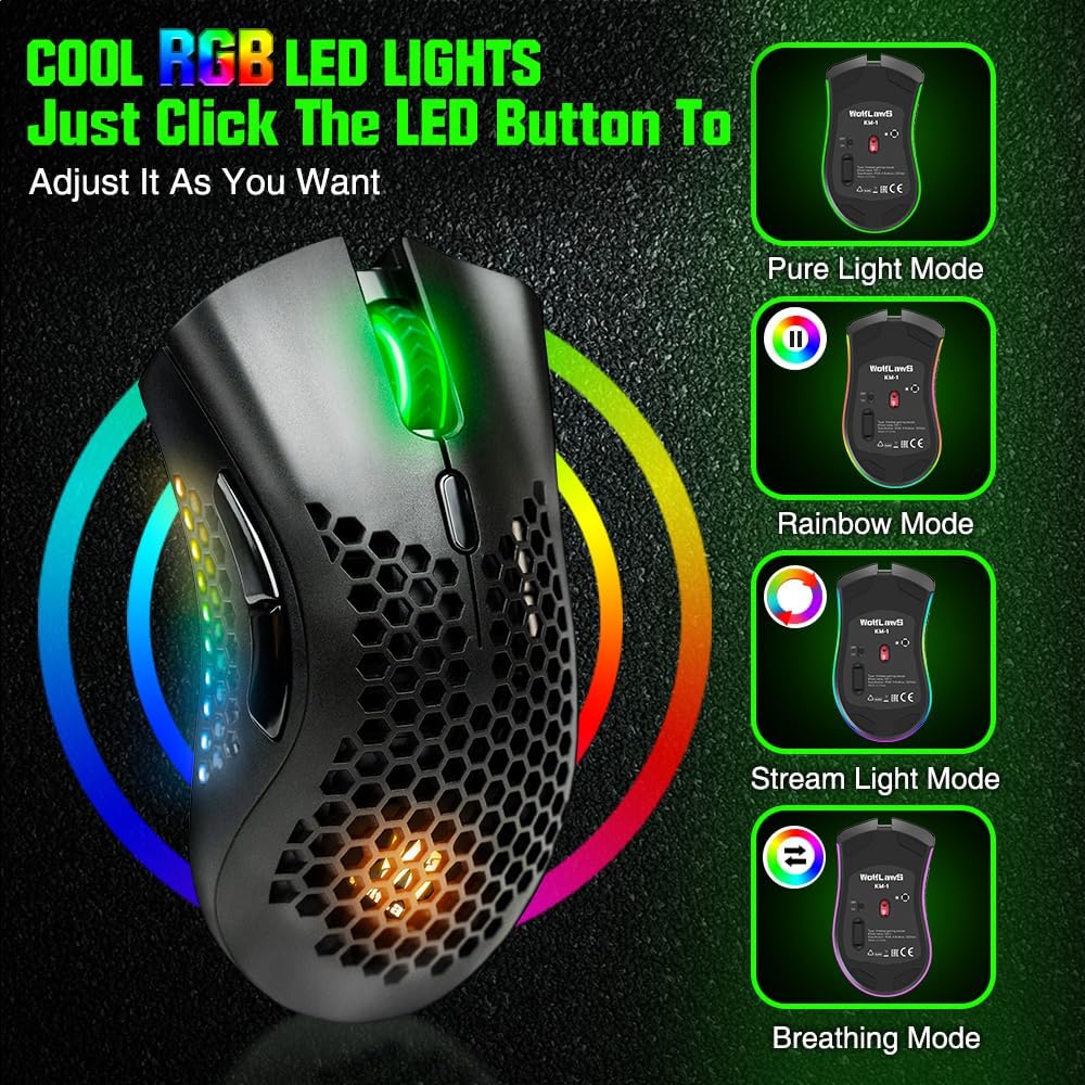 KM-1 Gaming Mouse, Wireless Mouse Gaming Computer Mice USB with Honeycomb Shell, 6 Programmed Buttons, 3 Adjustable DPI, Ergonomic RGB Optical Mouse for PC Mac Laptop