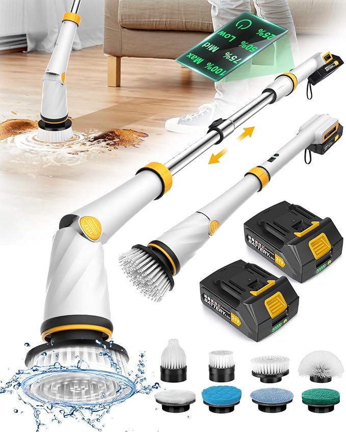 1200 RPM Powerful Electric Spin Scrubber with 8 Cleaning Brush, 2 Battery Cordless Shower Scrubber with 3 Speeds Display & 50inch Retractable Handle, IPX7 Waterproof Power Scrubbers for Deep Cleaning