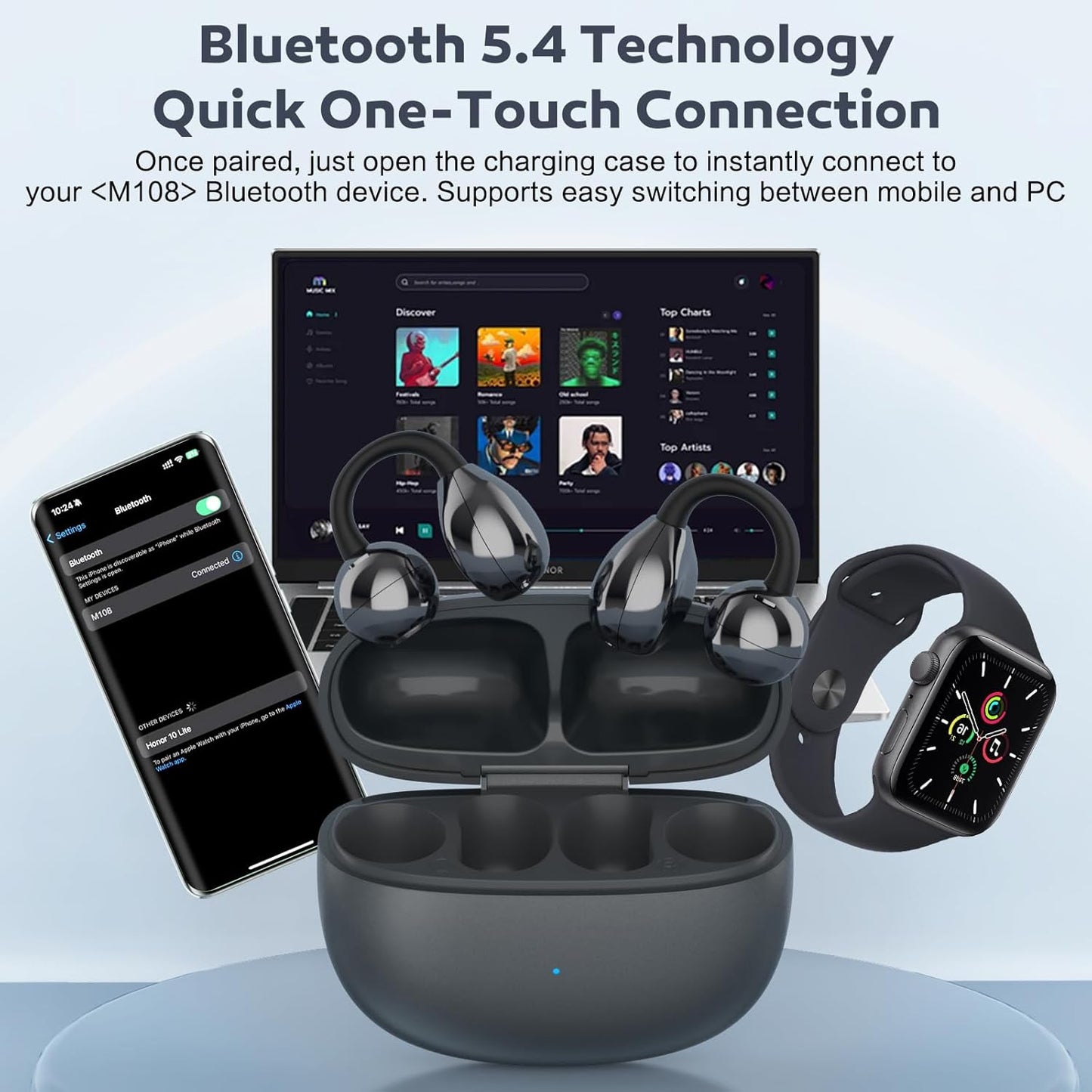 Open Ear Earbuds, Air Conduction Headphones Wireless Earbuds Bluetooth 5.4, Clip on Headphones with Mic 42H Playtime, Over Ear Earphones Comfortable for Sports, Running, Workouts and Glasses Wearers