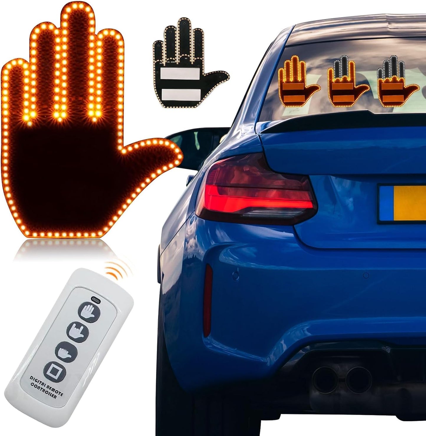 Finger LED Light for Car - Multi-Functional Warning Lights with Remote, 3 Emoticon Gestures - Black & Orange