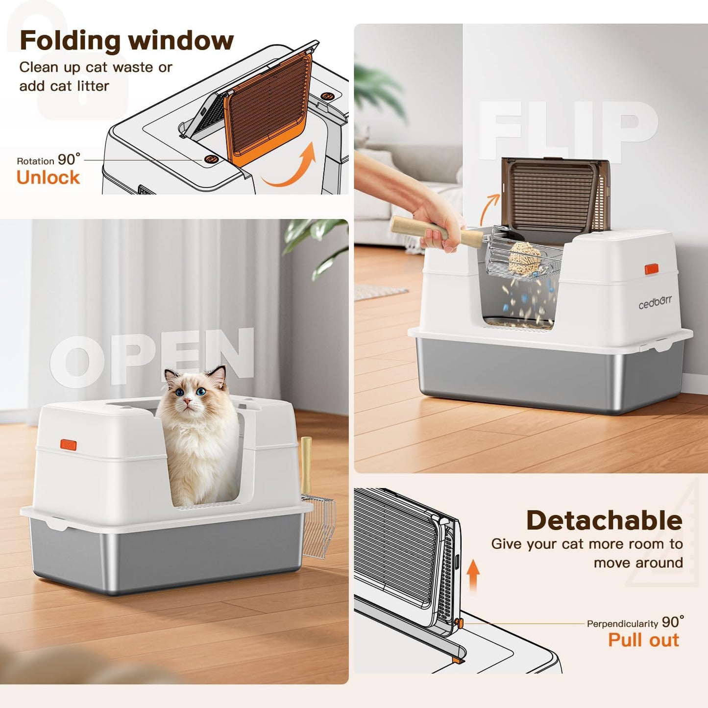 XL CEDBORR Stainless Steel Cat Litter Box with Lid,Large Enclosed High Side Metal Cat Litter Box with Pedals Suitable for Big Cats,Non-Sticky,Odor-Free,Easy to Clean ,Anti-Leakage(White)