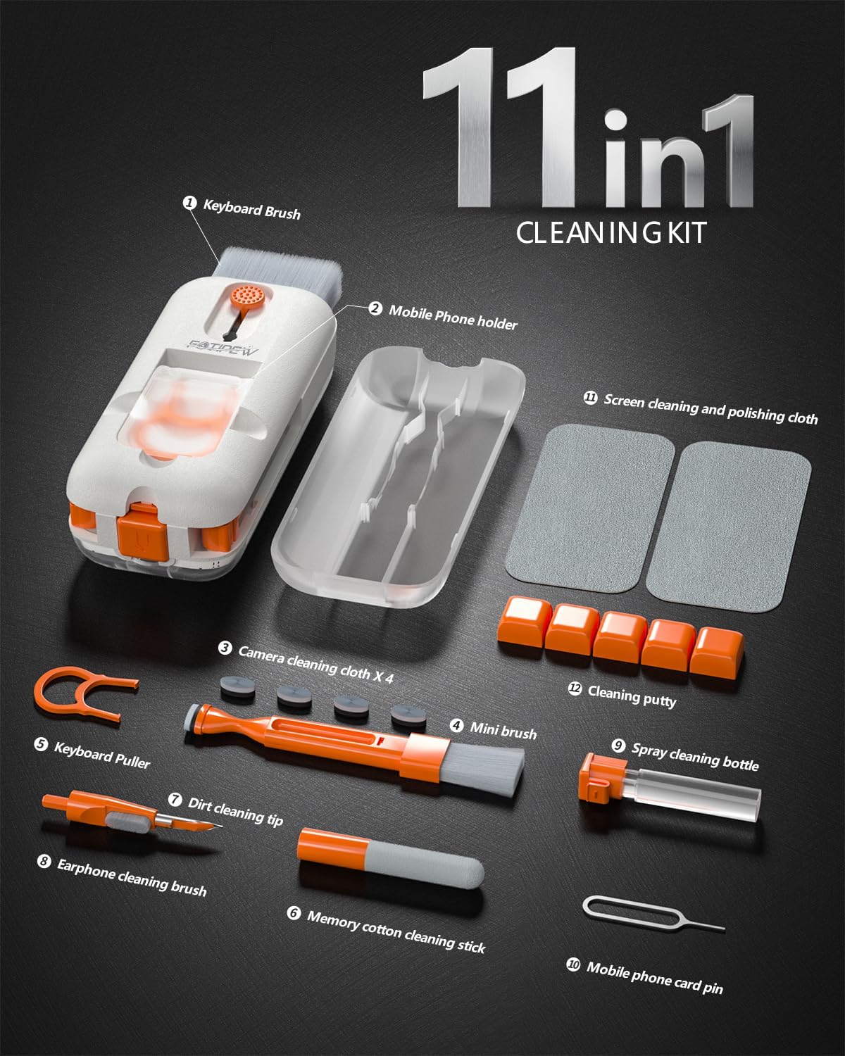 Keyboard Cleaner, 12-in-1 Phone Cleaning kit, Electronics Cleaning Brush Tool for Computer, PC Monitor,TV Camera Lens with 3ml Spray Cleaning Bottle Compact with Patent(Orange)