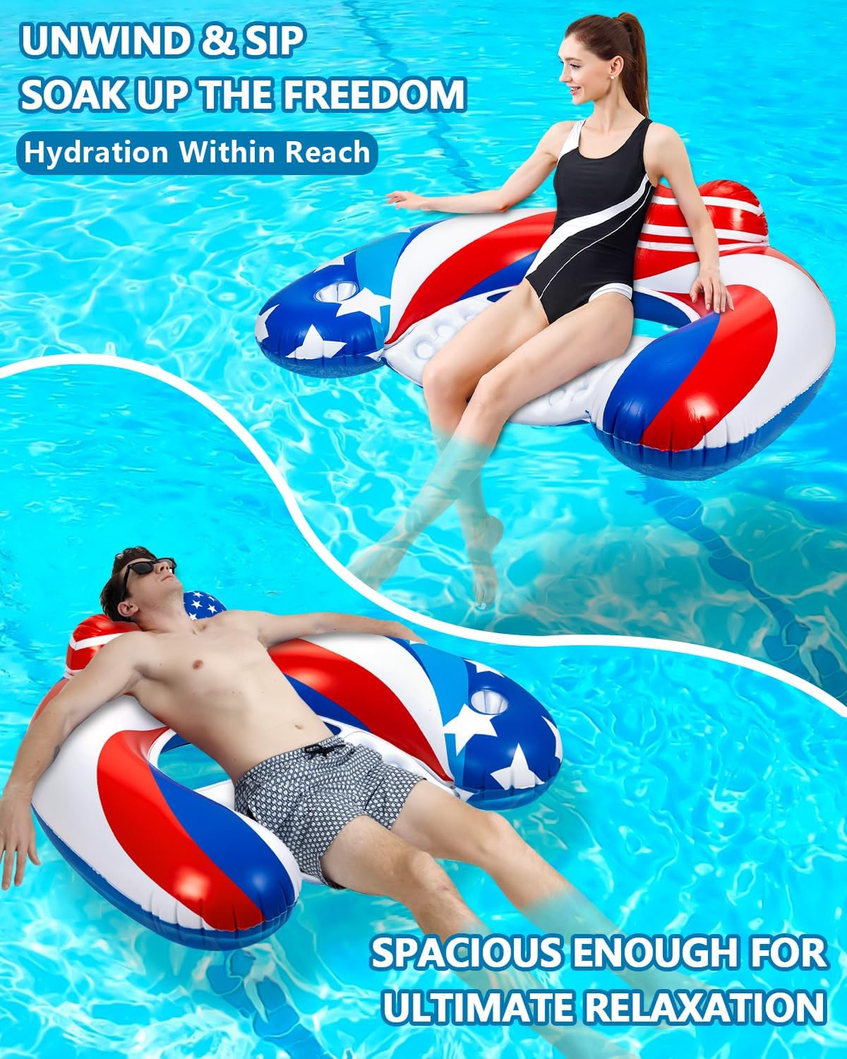 3 Pack Pool Floats Chair Adult with Drink Holder, Inflatable Floating Pool Chairs for Adults Swimming Pool Party Lake River Summer Water Fun