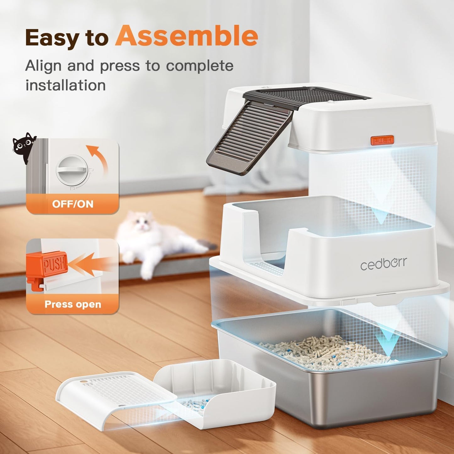 XL CEDBORR Stainless Steel Cat Litter Box with Lid,Large Enclosed High Side Metal Cat Litter Box with Pedals Suitable for Big Cats,Non-Sticky,Odor-Free,Easy to Clean ,Anti-Leakage(White)