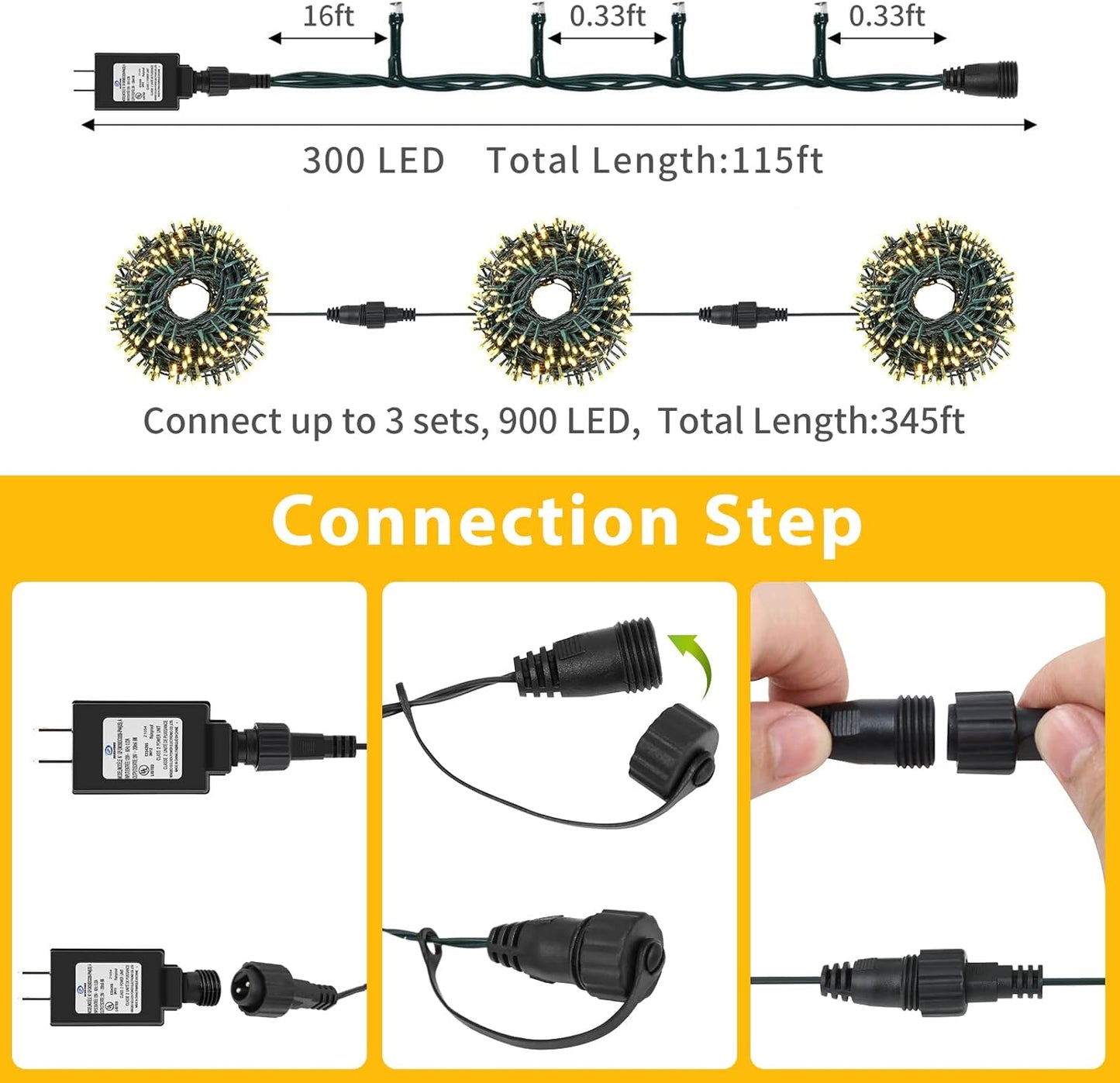 Waterproof 300 LED Outdoor String Lights, 115Ft with End-to-End Plug, for Christmas Trees, Patios, Weddings, Parties (Warm White)