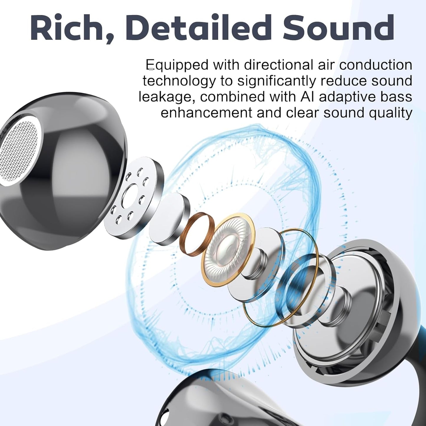 Open Ear Earbuds, Air Conduction Headphones Wireless Earbuds Bluetooth 5.4, Clip on Headphones with Mic 42H Playtime, Over Ear Earphones Comfortable for Sports, Running, Workouts and Glasses Wearers