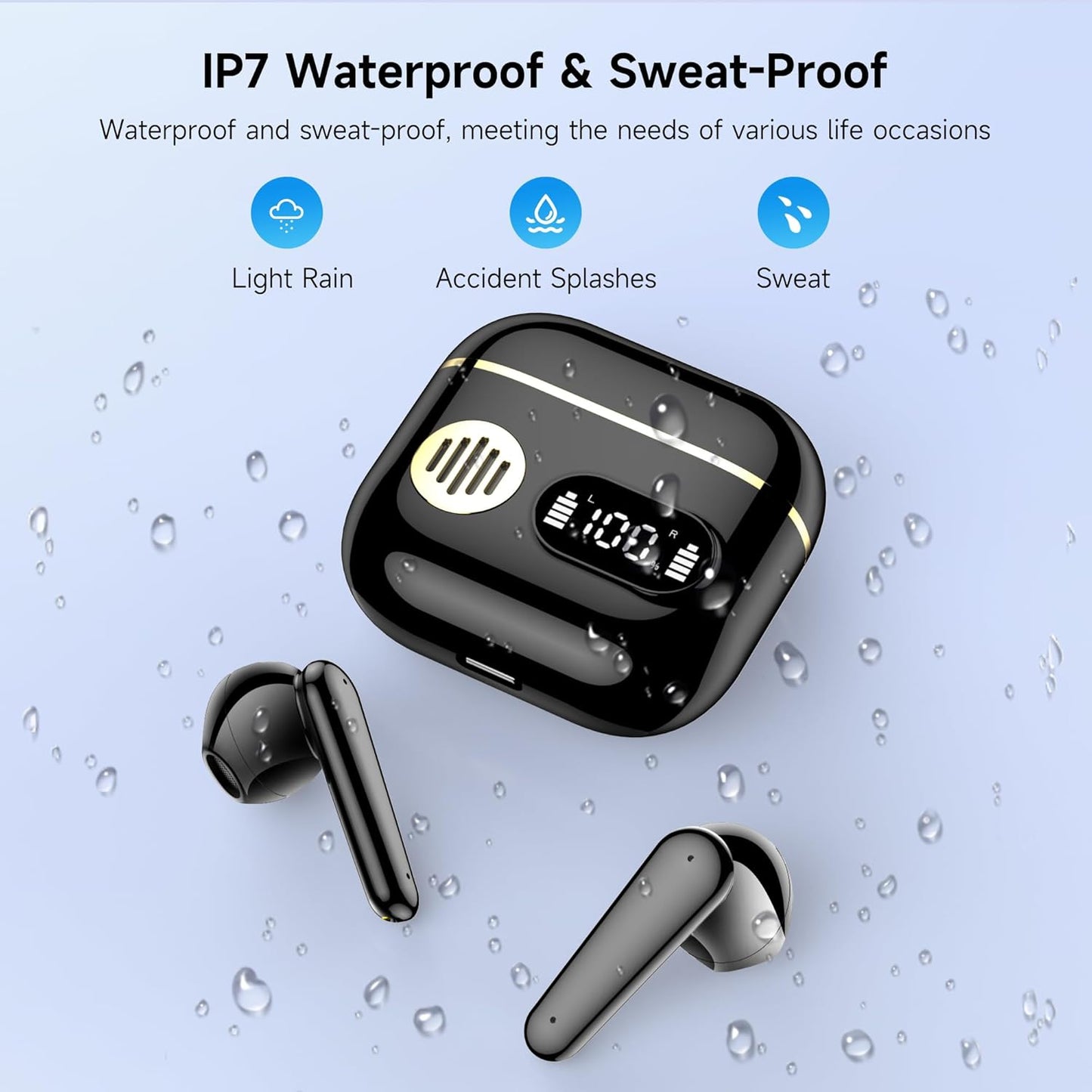 Wireless Earbuds 2024 Sport Bluetooth Headphones Stereo Earphones with ENC Mic Wireless Earphones In Ear Earbuds with Dual LED Display, 48H Playtime, Running Headphones IP7 Waterproof, Ceramic Black
