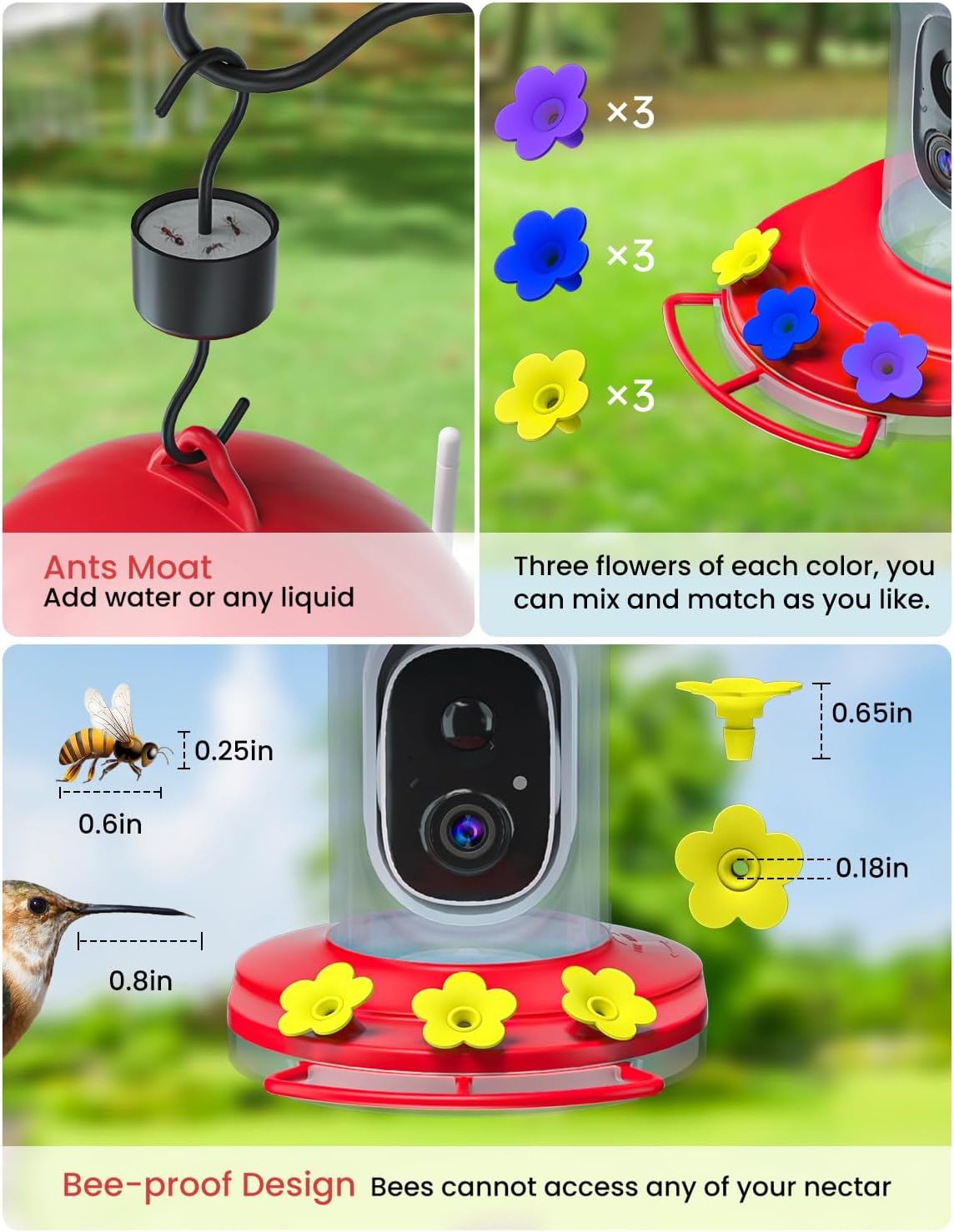 Hummingbird Feeder with Camera, Bird Watching Camera with Ant Moat, Bee Proof, AI Identify Bird Species, Instant Notifications, Ideal Present for Bi rd Lovers(20 Ounces)
