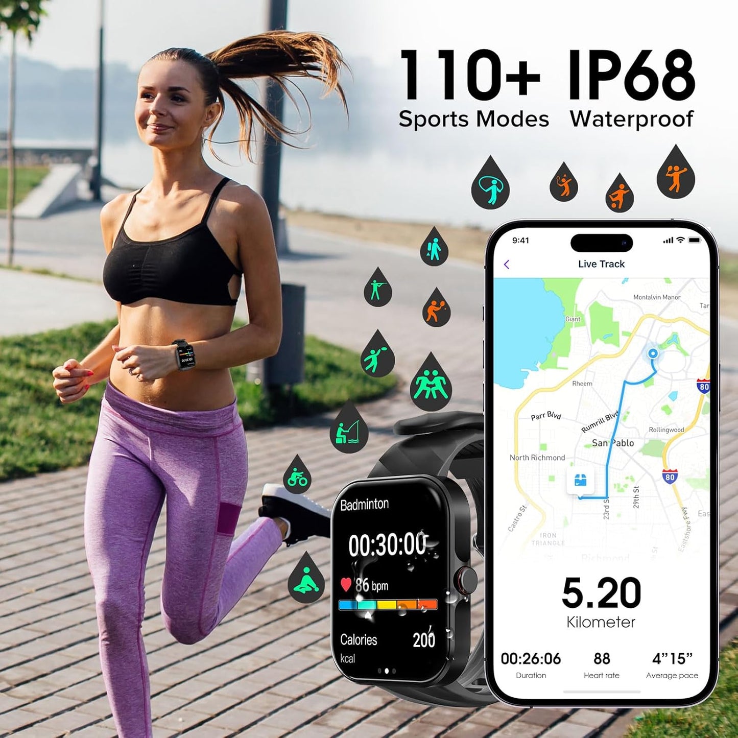 Smart Watch for Men Women (Answer/Make Call), 1.91" HD Screen Fitness Tracker with 110+ Sport Modes,IP68 Waterproof,Heart Rate/Sleep Monitor/Spo2/Pedometer,iOS Android Compatible