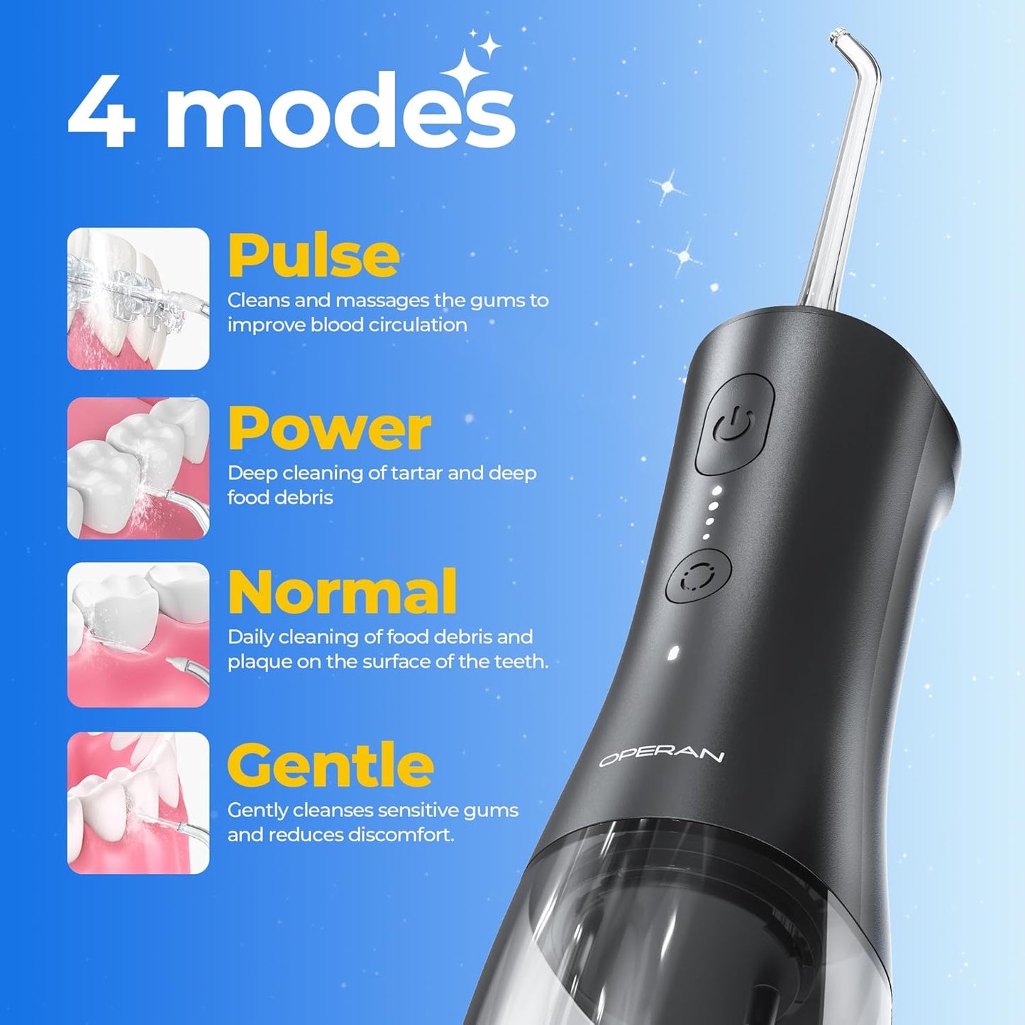 Operan Water Flosser for Teeth, 300ML Portable Dental Flosser with 4 Modes & 4 Nozzles, IPX7 Waterproof Rechargeable Oral Irrigator, Long Battery for Home, Braces Flossers, and Travel-Black+1Pack