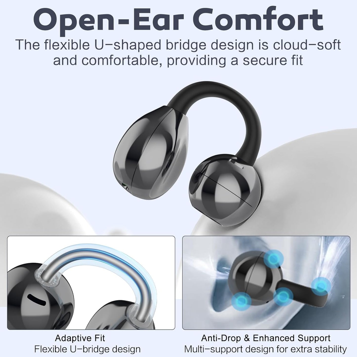 Open Ear Earbuds, Air Conduction Headphones Wireless Earbuds Bluetooth 5.4, Clip on Headphones with Mic 42H Playtime, Over Ear Earphones Comfortable for Sports, Running, Workouts and Glasses Wearers