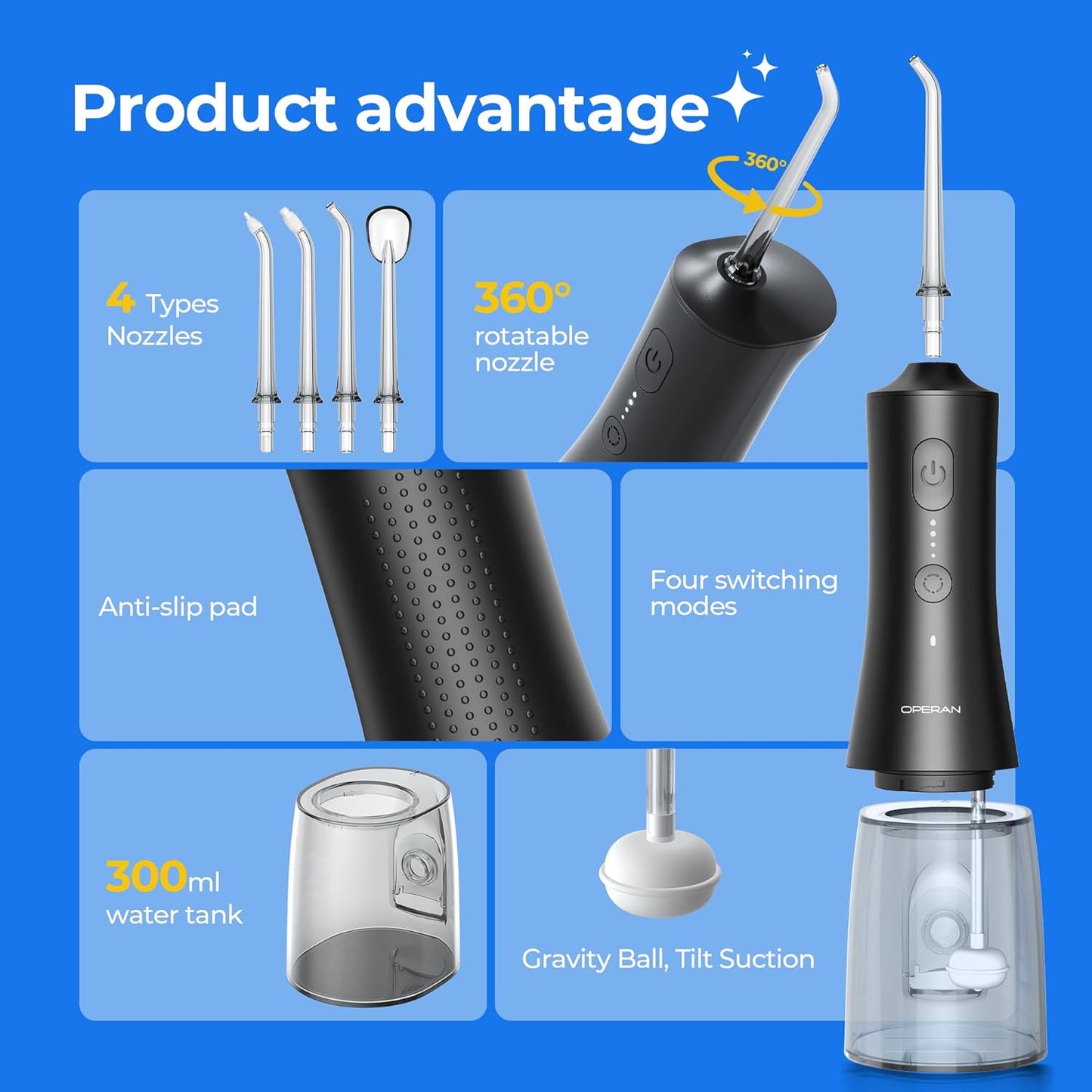 Operan Water Flosser for Teeth, 300ML Portable Dental Flosser with 4 Modes & 4 Nozzles, IPX7 Waterproof Rechargeable Oral Irrigator, Long Battery for Home, Braces Flossers, and Travel-Black+1Pack
