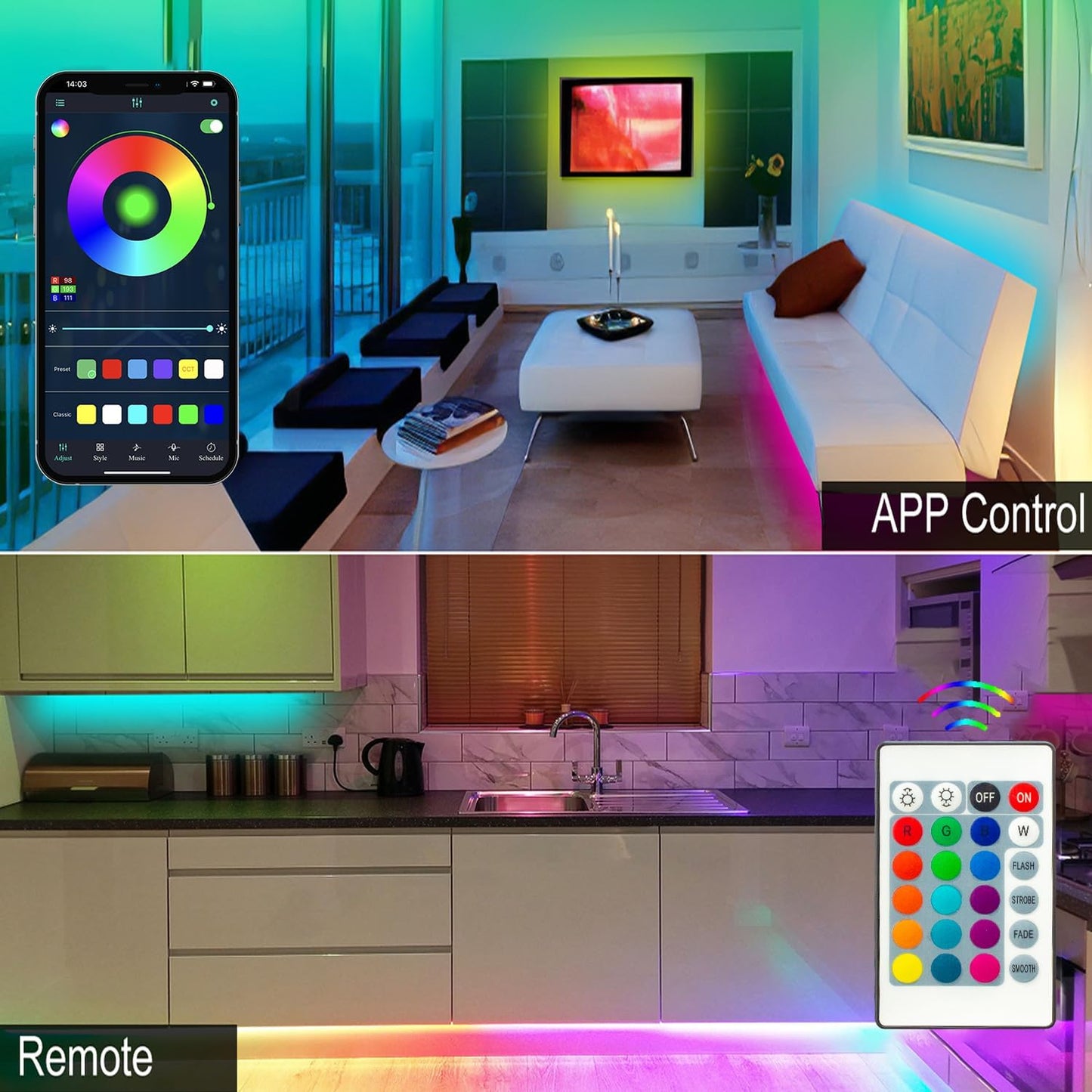 LED Strip Lights,2×50FT Smart RGB led Lights for Bedroom,with 24Key Remote and App Control,12V,Music Syncing,Adjust 16 Million Colors Led Light Strips,for Bedroom,Living,Gaming,Party,TV