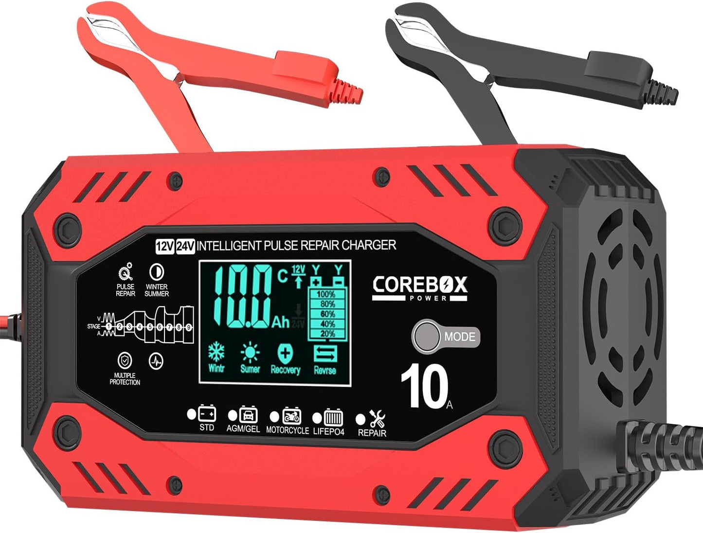 Battery Charger 10-Amp 12V/24V Smart Trickle Charger for Car - Battery Maintainer Trickle Charger, and Automotive Battery Charger with Temperature Compensation for Car Truck Motorcycle Lawn Mower