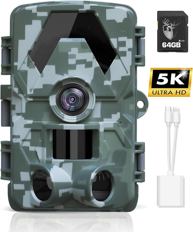 Trail Camera - 5K 60MP Game Camera with 130°Wide-Angle, 0.05s Trigger Motion Activated, IP66 Waterproof Night Vision with No Glow Infrared LEDs for Wildlife Hunting Camera.