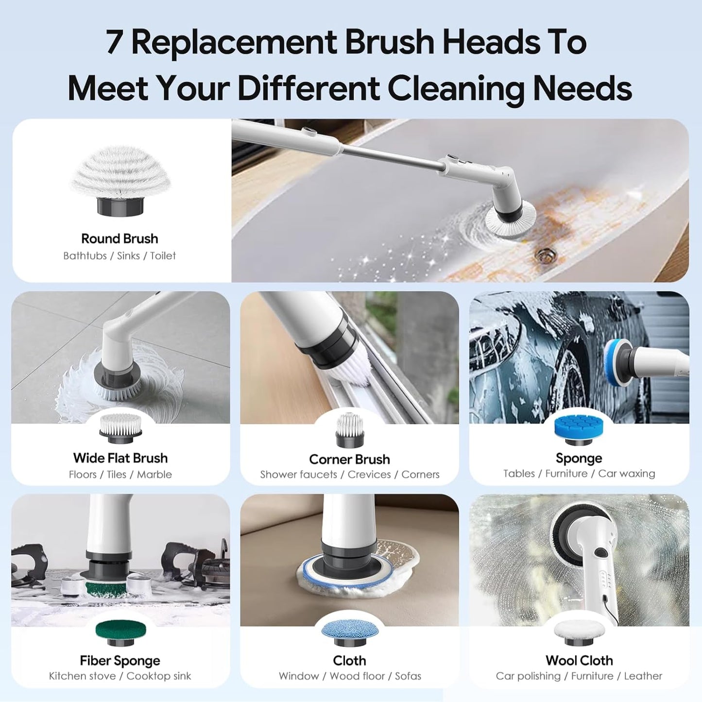 Electric Spin Scrubber,2025 New Cordless Cleaning Brush,Shower Cleaning Brush with 7 Replaceable Brush Heads, Power Scrubber 3 Adjustable Speeds,Detachable Long Handle & IPX7 Waterproof