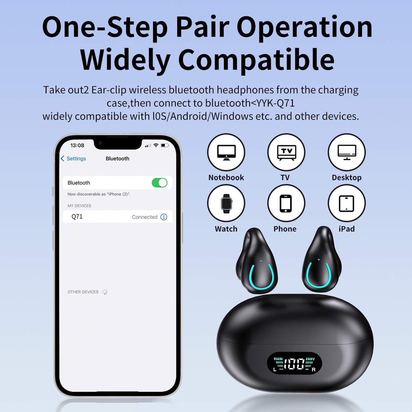 Open Ear Headphones Wireless Bluetooth 5.3 Clip On Earbuds with Digital Display Charging Case Button Control Bone Conduction Mini Sport Earphones Built-in Mic IPX7 Waterproof for Running Fitness Black