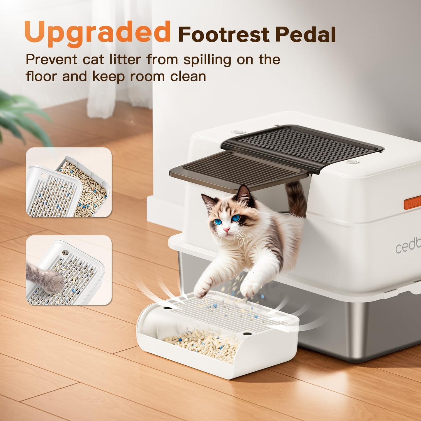 XL CEDBORR Stainless Steel Cat Litter Box with Lid,Large Enclosed High Side Metal Cat Litter Box with Pedals Suitable for Big Cats,Non-Sticky,Odor-Free,Easy to Clean ,Anti-Leakage(White)