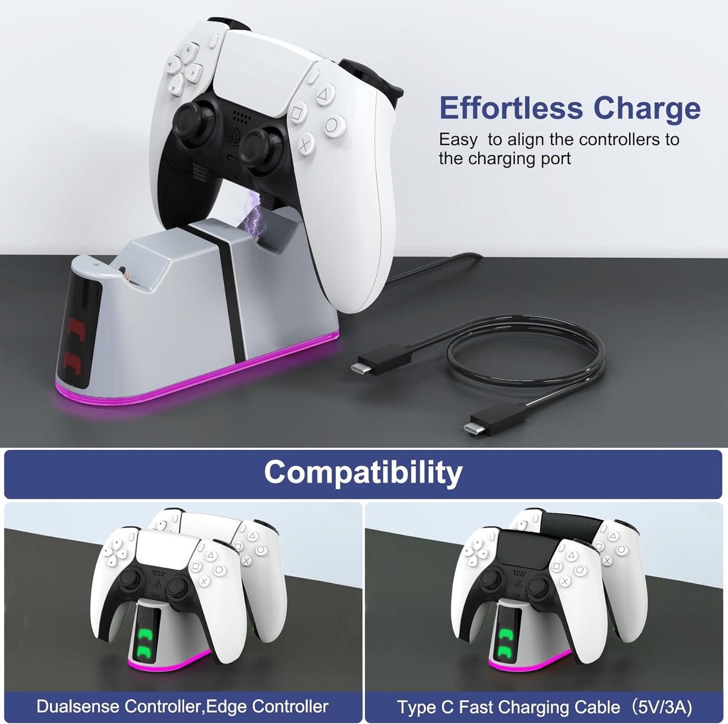PS5 Slim Controller Charger Station,Fast Charging Ps5 Controller Charger for Edge & Dual Controller,Ps5 Controller Accessories with Charging Cable,Ps5 Controller Stand Dock with RGB LED Indicators
