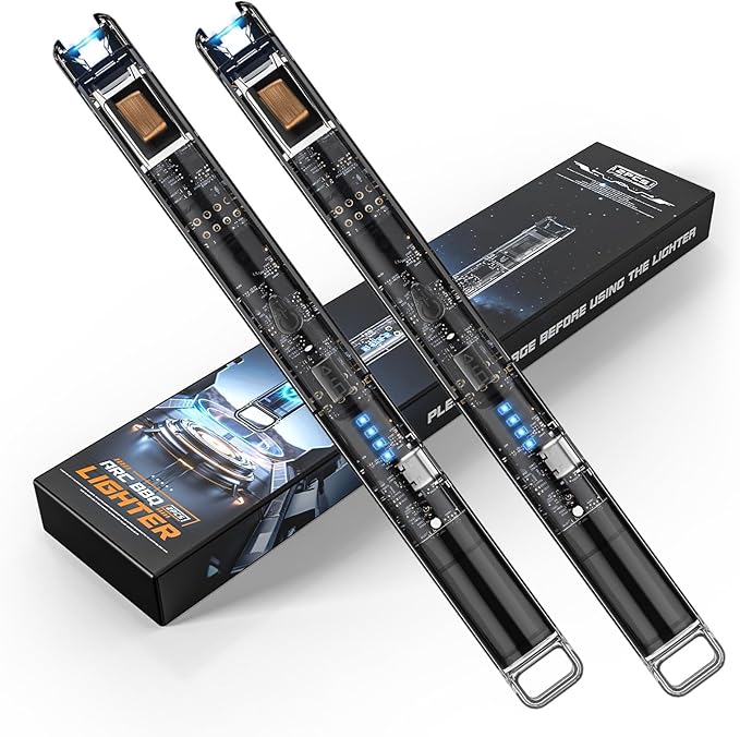 2 Pack Electric Candle Lighters - 7.4 inch Long USB Rechargeable Plasma Arc Lighter with Safety Lock, Windproof & Flameless Lighter for Scented Candles, Grill, Camping - See-Through Tech Design