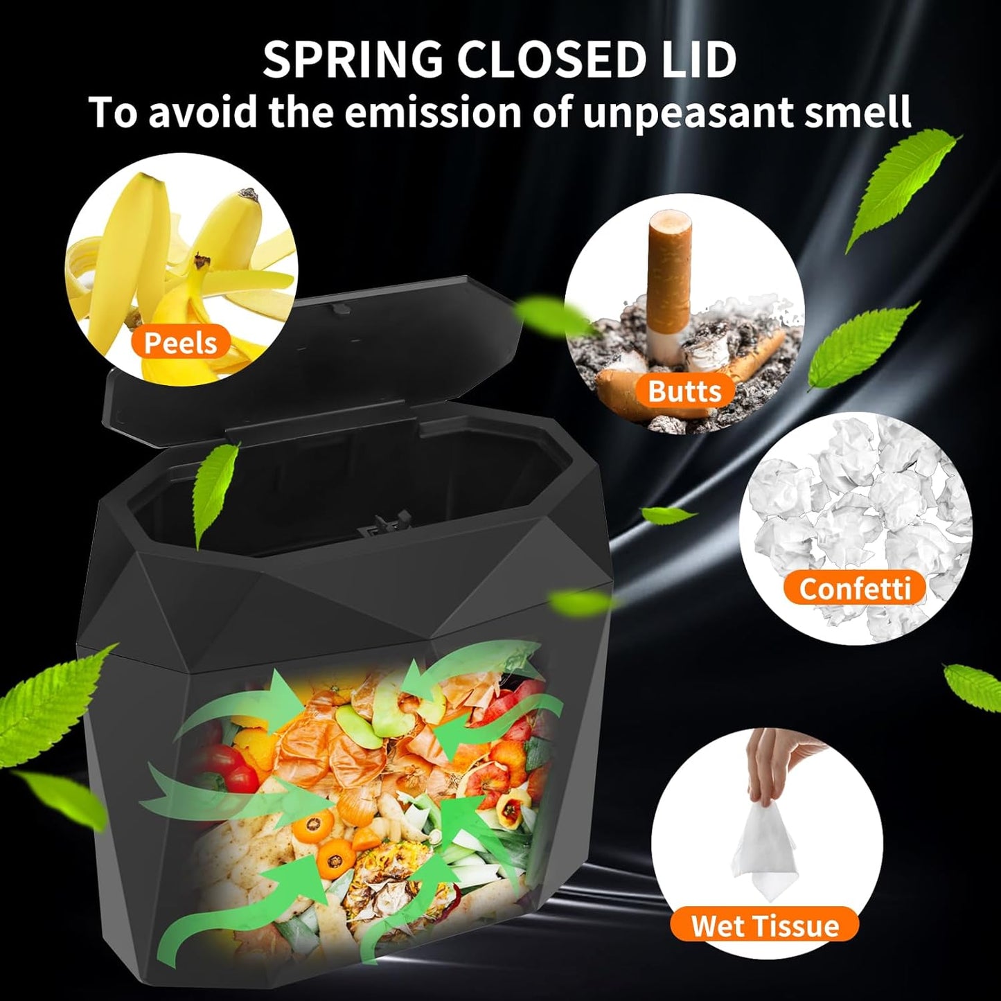 Mini Car Trash Can Bin with Lid, Small Car Garbage Can with 60pcs Trash Bags, ABS Diamond Design Dustbin Car Organizer Container Car Accessories for Car/Office/Home Black
