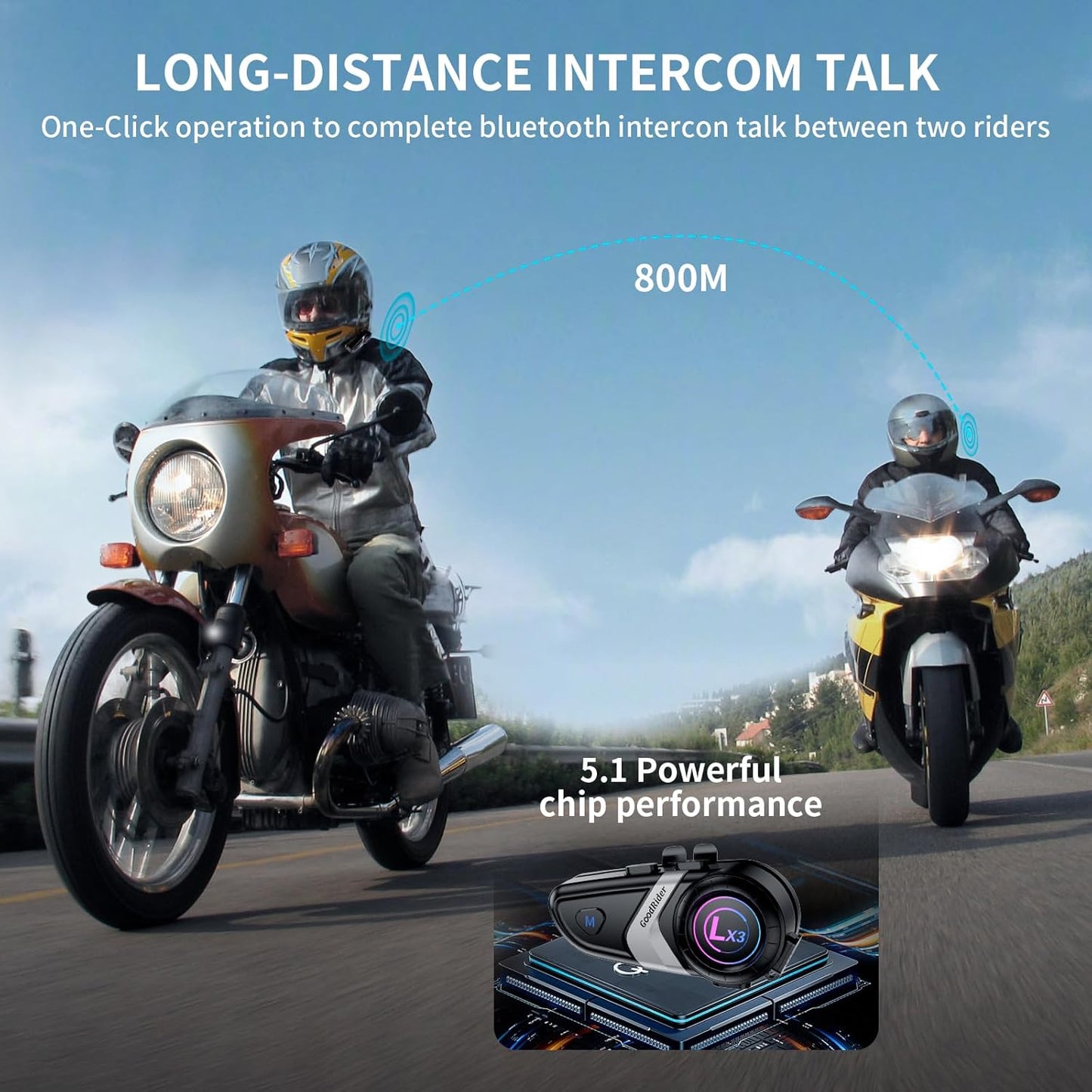 Motorcycle Bluetooth Headset LX3 Motorcycle Helmet Bluetooth Intercom for 2 Riders 800M with CVC Noise Reduction Stereo Music IPX6 Waterproof Full Face Helmet (1 Piece)