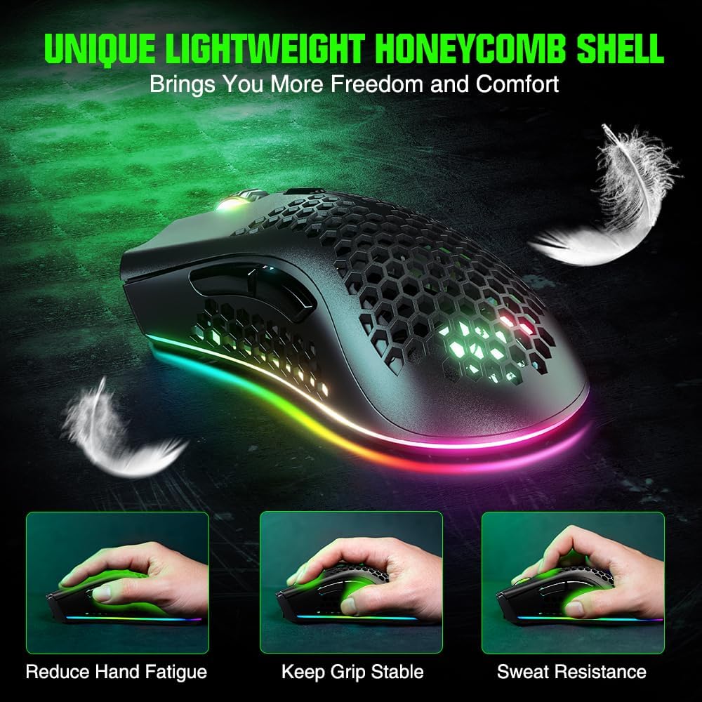 KM-1 Gaming Mouse, Wireless Mouse Gaming Computer Mice USB with Honeycomb Shell, 6 Programmed Buttons, 3 Adjustable DPI, Ergonomic RGB Optical Mouse for PC Mac Laptop